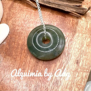 Moss Agate Maxi round medallion Donut black cord short choker necklace